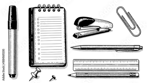 Office supplies including notebook, pens, stapler, and paper clips  