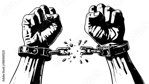 Broken handcuffs with raised fists symbolizing freedom and resistance  