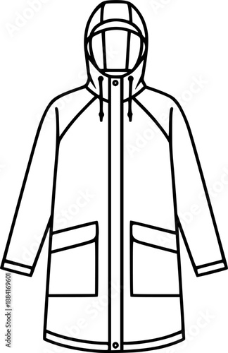 Raincoat silhouette with hood and waterproof protection for wet weather fashion and outerwear apparel – Black and White Vector Illustration