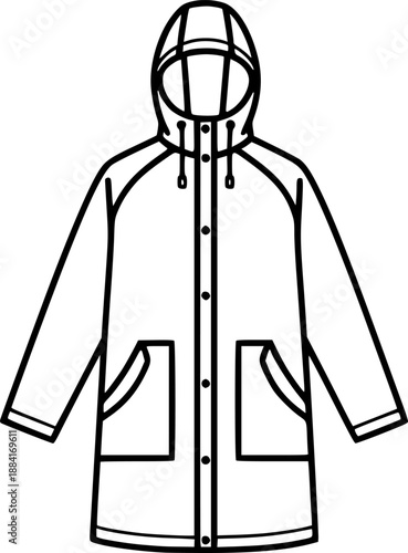 Raincoat silhouette with hood and waterproof protection for wet weather fashion and outerwear apparel – Black and White Vector Illustration