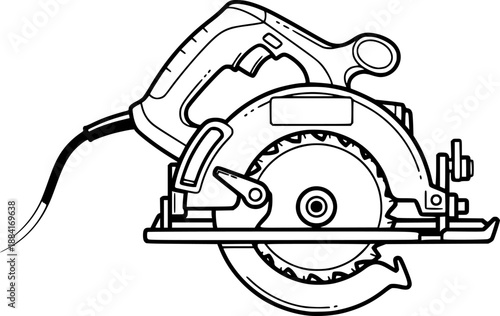 Circular saw silhouette with sharp blade teeth for woodworking power tool and construction equipment – Black and White Vector Illustration