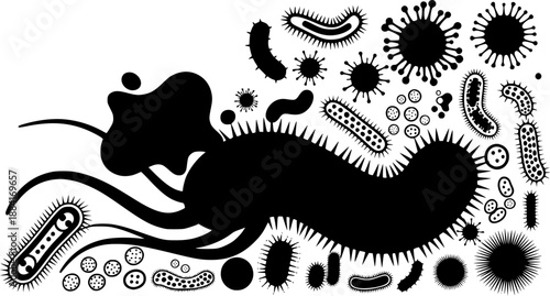 Germ silhouette and microscopic microbe for infection disease and contagious virus health danger concept – Black and White Vector Illustration