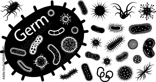 Germ silhouette and microscopic microbe for infection disease and contagious virus health danger concept – Black and White Vector Illustration