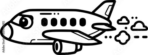 Airplane line art featuring cute passenger jet with wings and cockpit for flight journey and air travel concept – Black Vector Illustration