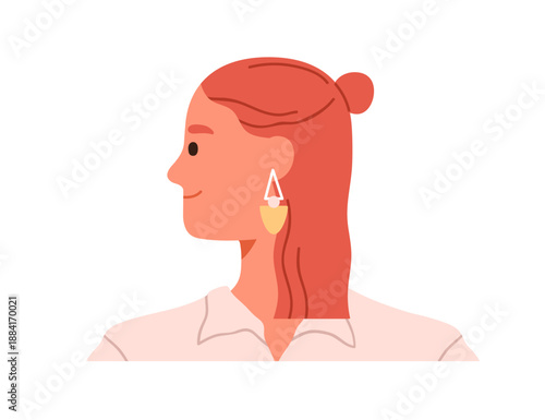 Female profile. Young woman with head turned sideways, looking aside, smiling. Person in side view, earring in ear, friendly emotion, expression. Flat vector illustration isolated on white background