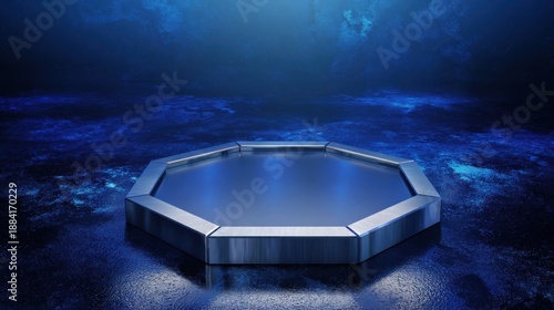 A futuristic hexagonal platform stands in the spotlight against a dark background, suggesting a stage, product display, or a place for presentation