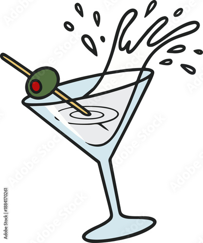Cute Cartoon Martini Splash with Olive and Toothpick, Colorful Cocktail Glass Overflowing Liquid Droplets for Bar Menu Illustration