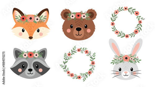 Set of cute forest animal faces including a fox, bear, raccoon, and rabbit decorated with beautiful floral wreaths in a flat design style.