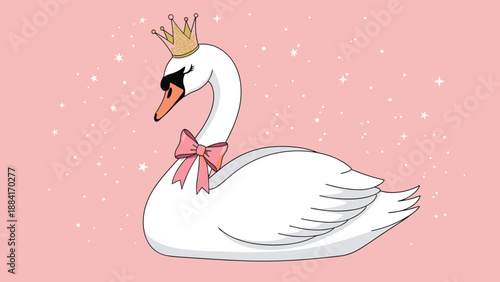 Elegant white princess swan wearing a golden crown and a pink bow on a starry pink background with magical sparkles and glowing lights.
