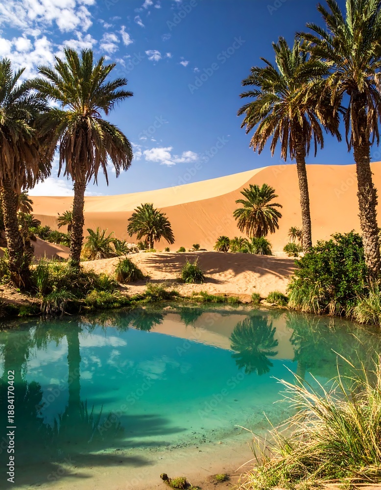 Fototapeta premium Oasis in a desert landscape with palm trees, a sand dune, and turquoise water under a blue, partly cloudy sky