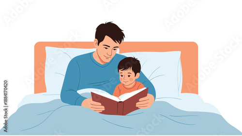 Caring father reading an interesting bedtime storybook to his young son while sitting together in a comfortable bed with soft blue pillows.