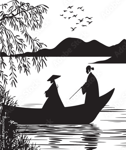 Art & IllustrationHomens em silhueta de pé em um barco no lago contra o céu