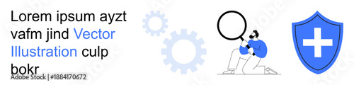 Data analysis, cybersecurity, healthcare security, process optimization, research, technology development. Person with magnifying glass inspecting, shield symbol security and gears. Cybersecurity