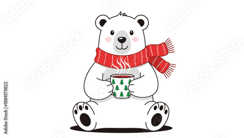 Cute polar bear wearing a festive red and white scarf sits down while holding a mug decorated with green christmas trees on white.
