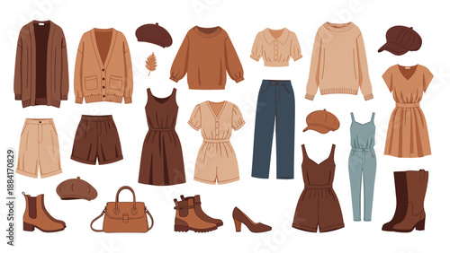 Selection of women autumn and winter fashion items including warm sweaters, dresses, leather boots, beret hats, and a stylish handbag.