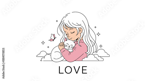 Sweet illustration shows a girl with long white hair hugging a small cat with the word love written below and a butterfly nearby.