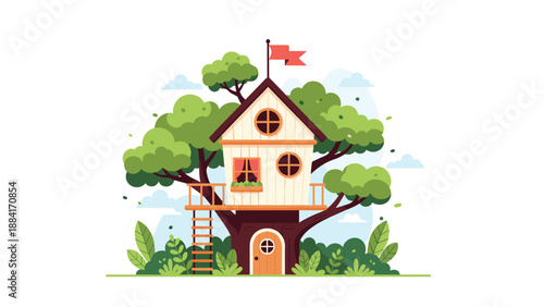 Enchanting wooden treehouse with a red flag on top is nestled within lush green trees and surrounded by smaller bushes and white clouds.