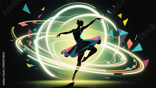 Illustration Of A Dancer Spinning With Light Trails Following The Body's Movements, Forming Visual Patterns Vector Design Template