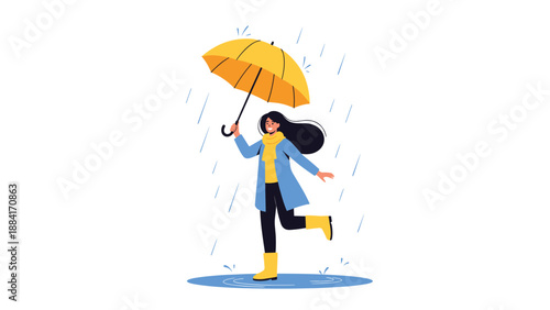 Cheerful woman wearing a blue coat and yellow boots walks happily through the rain while holding a matching yellow umbrella high.