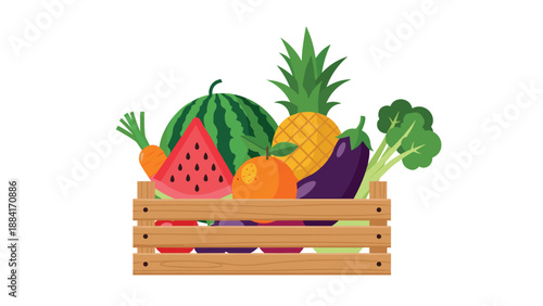 Large wooden crate filled with a variety of fresh organic fruits and vegetables including watermelon, pineapple, eggplant, and broccoli.