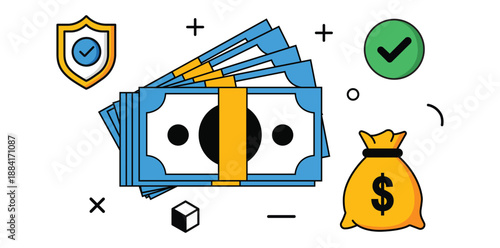 Financial Security: Illustrative depiction of stacked money secured by security elements, emphasizing the concept of financial safety and success.