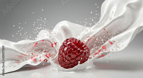 Ruby gemstone raspberry falling into splashing white silk milk liquid