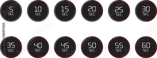 A collection of digital timers displaying various second intervals from five to sixty seconds