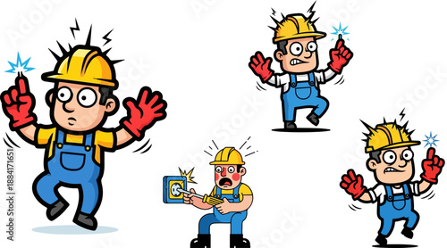 Cartoon electrician character illustrations depict various moments of electric shock accidents and sudden painful surprises during electrical work.