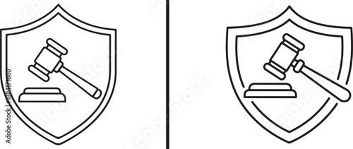 Two line-art icons representing legal protection, each featuring a judge's gavel and sound block centered within a protective shield outline.