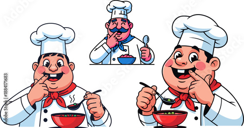 Collection of cartoon chef characters tasting delicious food from bowls while wearing traditional white toques and uniforms in various poses