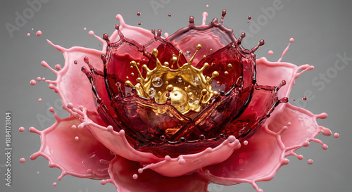 Abstract flower blossom formed by splashing red wine and pink milk liquid with gold center