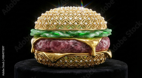 Luxury jewelry burger made of gold filigree jade lettuce and rose quartz meat