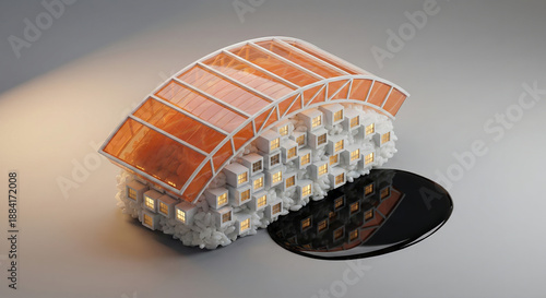 Isometric sushi roll looking like futuristic micro city architecture with windows