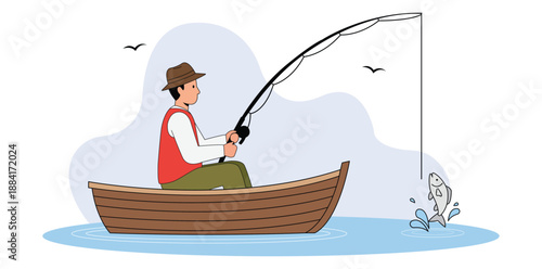 A Moment of Tranquility: A lone angler casts his line, skillfully navigating a boat on tranquil waters, in pursuit of a peaceful fishing experience.