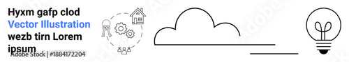 Technology, brainstorming, business ideas, innovation, creativity, cloud storage. Minimalist designs with cloud, light bulb gears and house symbols. Technology and brainstorming concepts