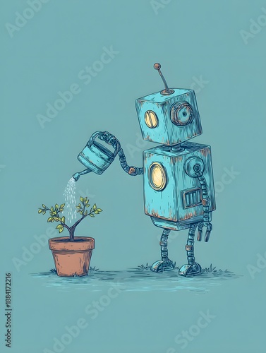 A charming illustration showcases a robot tenderly watering a small plant in a terracotta pot.