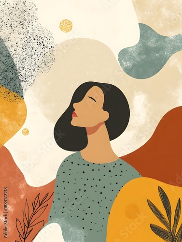Abstract portrait of a woman looking up at the sky with geometric shapes in the background.