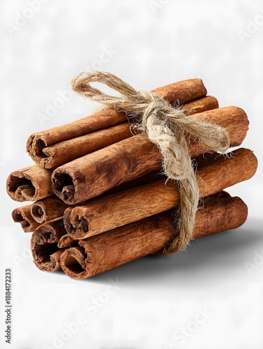 Cinnamon sticks bound together with twine against a white background. Aromatic spice ingredient.