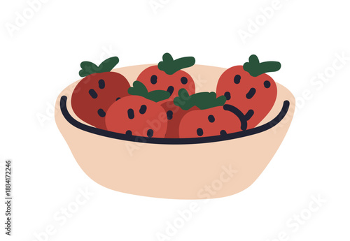 Strawberries in bowl. Fresh ripe red berries served in plate, sweet summer snack. Organic natural vitamin fruits. Healthy food. Flat vector illustration isolated on white background
