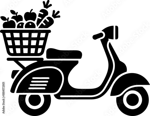 Scooter with a basket full of fresh vegetables and fruit. Delivery food service concept. Vector illustration for grocery store logo