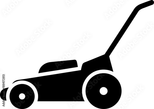 Black silhouette of a lawn mower side view. Industrial tool for garden grooming and yard care. Icon symbol vector illustration for web design interface
