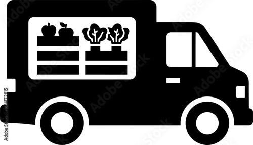 Black silhouette of a food truck with fresh produce like apples and lettuce. Flat design icon for farmers market or local food delivery concept