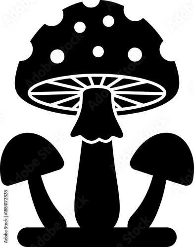 Three amanita muscaria mushrooms vector illustration. Fly agaric toadstool with spots icon. Natural ingredient concept for symbol design