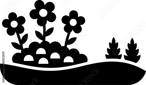 Garden bed with blooming flowers and green plants. Simple outdoor landscape design element. Glyph style vector icon for park, yard, spring concept