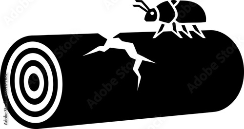 Beetle walking on decaying log, insect pest causing wood damage. Flat style simple animal bug art vector illustration for icon or symbol