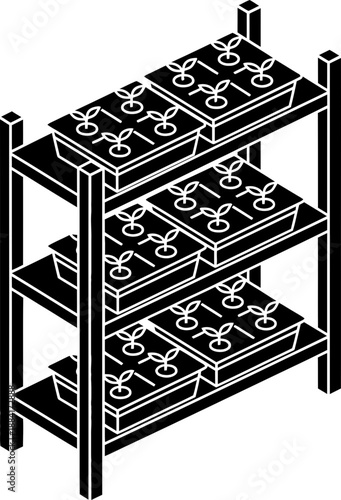 Seedling rack with young plants growing in trays. Hydroponic grow system. Agricultural concept. Monochrome isometric vector illustration