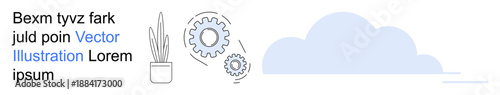 Web development, cloud computing, digital collaboration, IT infrastructure, process automation, remote work. Gears, cloud potted plant and text. Cloud computing and web development concept