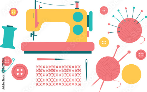 Flat vector illustration of sewing machine and craft supplies including yarn balls knitting needles buttons thread and pins for tailoring or DIY hobby