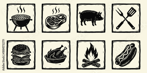Vintage BBQ and Meat Icons Set in Woodcut Style