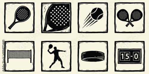 Padel and Tennis Sports Icons Set in Vintage Woodcut Style